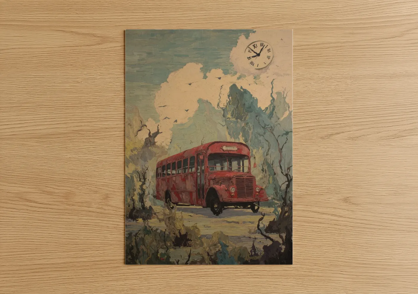 Art print on warm oak wood — red and beige palette — Red Bus Reverie poster
