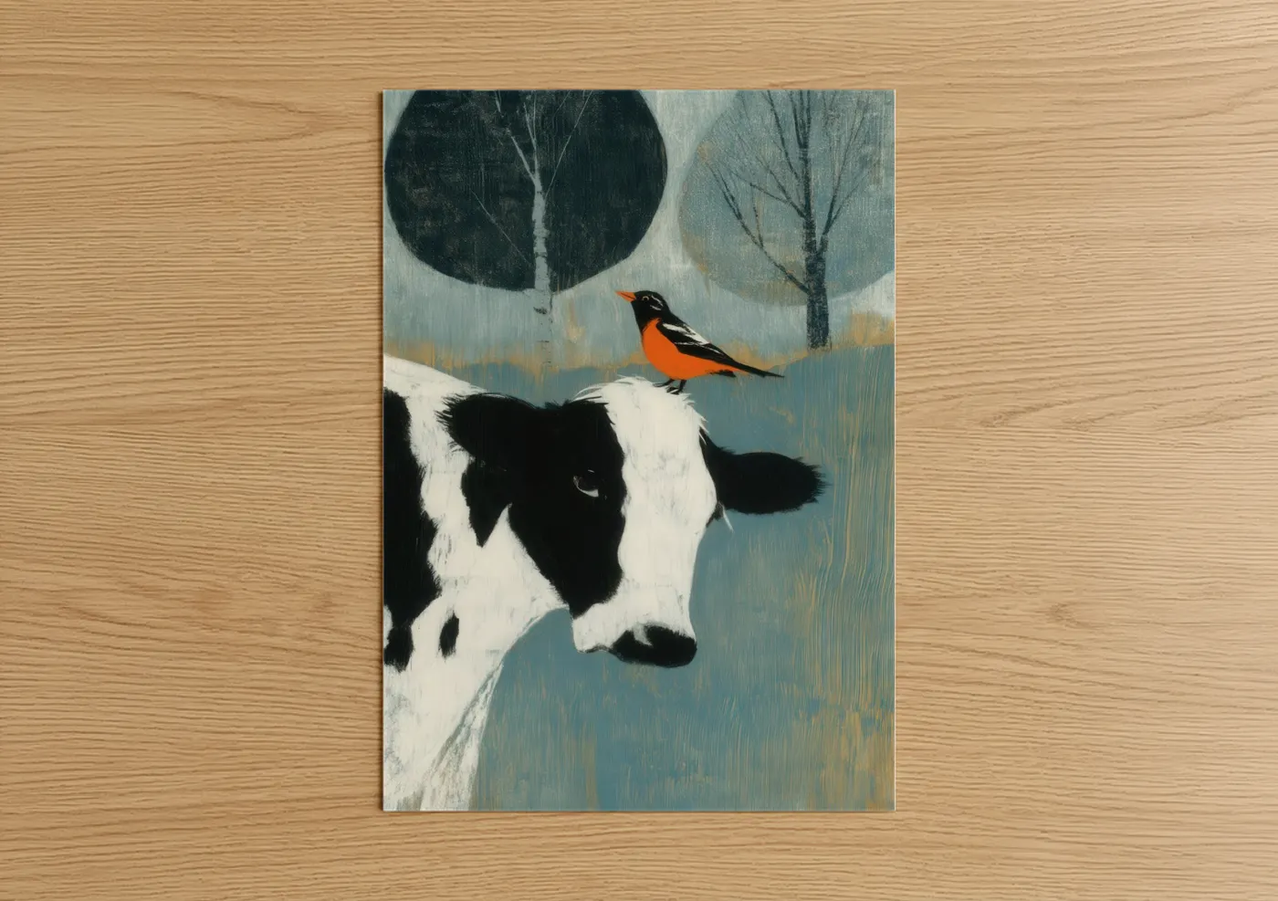 Winter Hereford Cow with Bird Wall Art