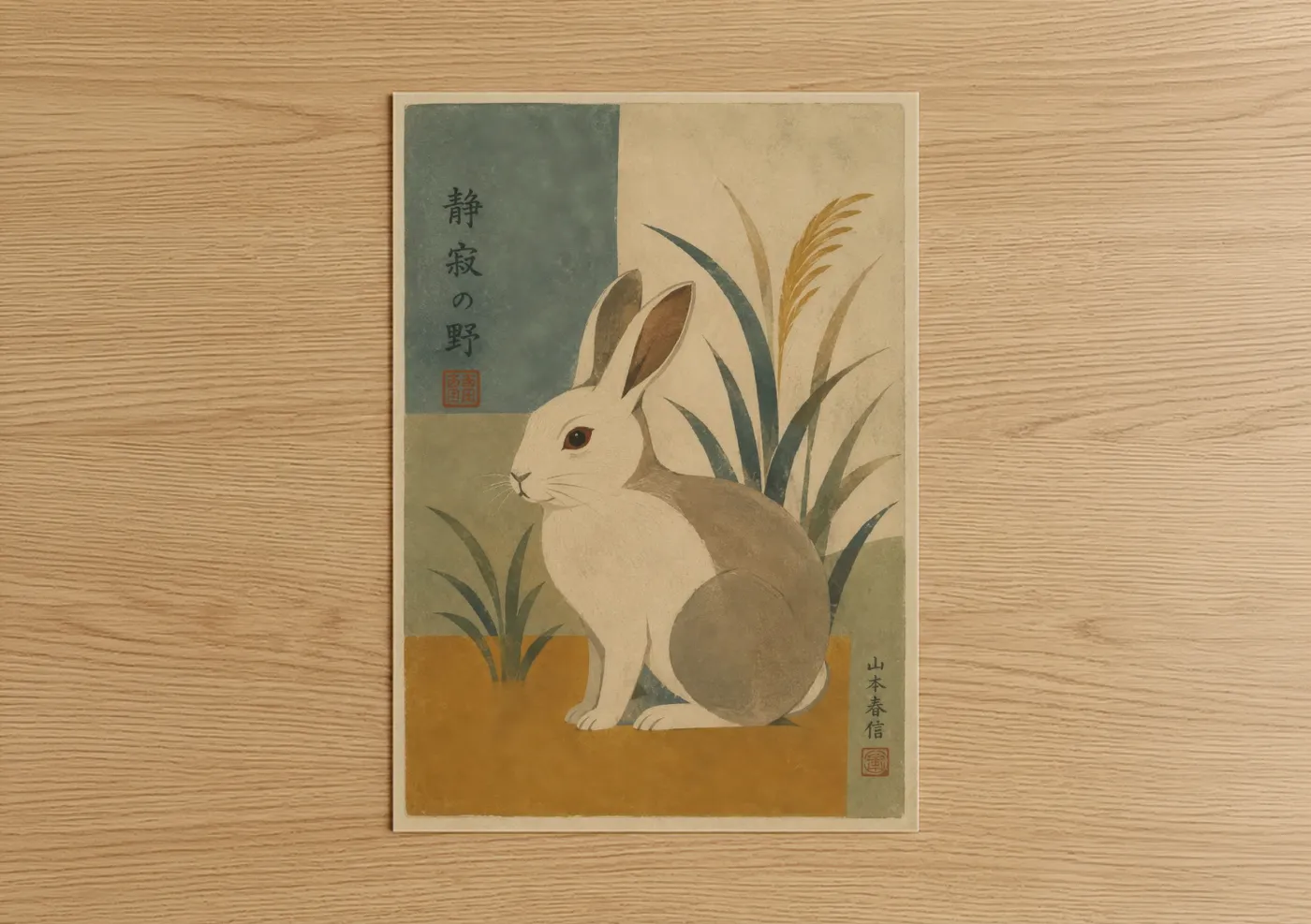 Art print on warm oak wood — beige and olive palette — Japanese Rabbit With Grass Wall Art poster