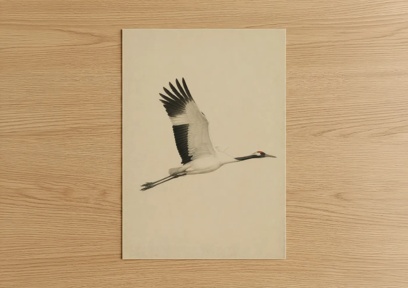 Art print on warm oak wood — beige and black and white palette — Japanese Crane in Flight Wall Art poster