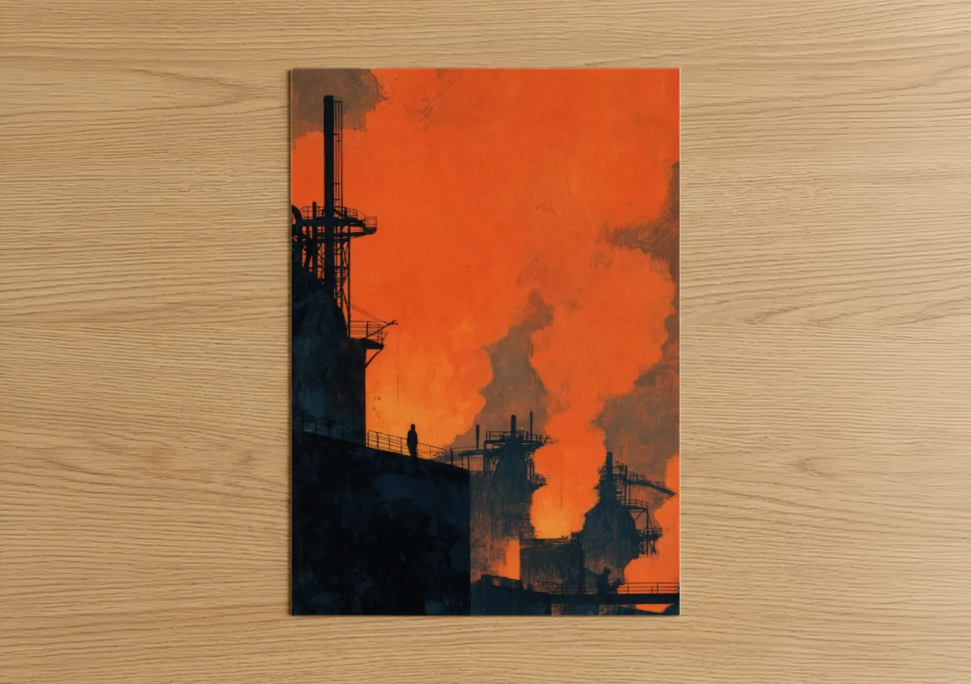 Industrial Factory Crimson Silhouette Wall Art