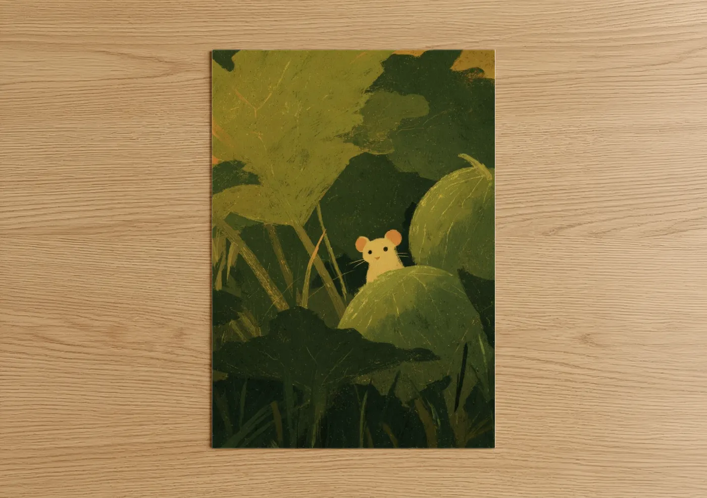 Fruit art print on warm oak wood — light green and mustard palette — Hidden Harvest Mouse poster