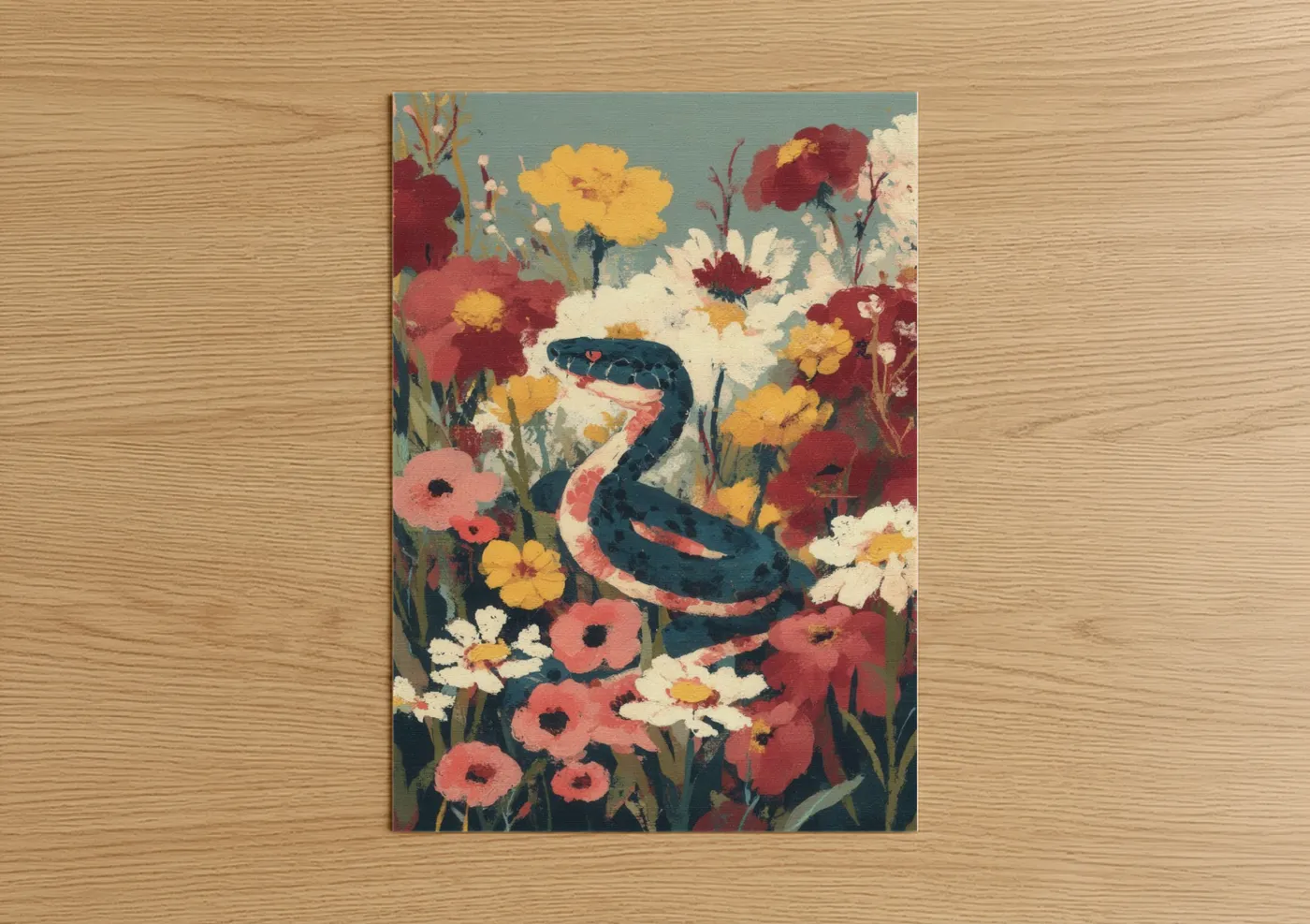 Art print on warm oak wood — gold and maroon palette — Garden Python poster