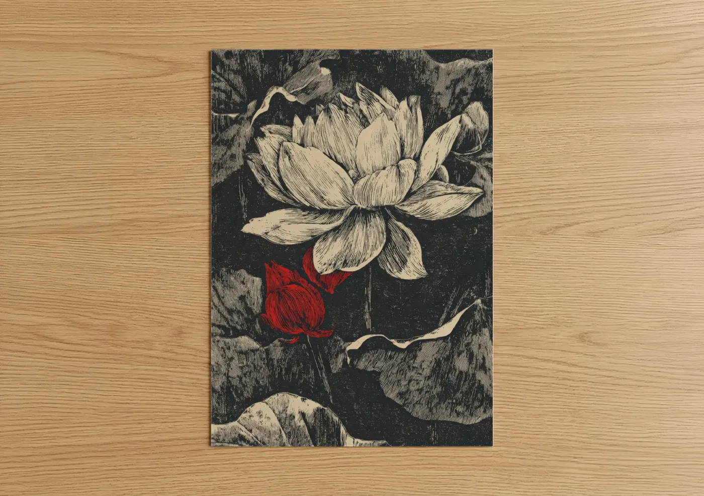 Art print on warm oak wood — black and white and red palette — Crimson Lotus Bloom poster