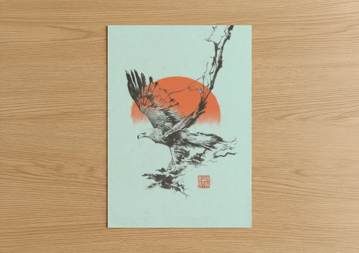 Art print on warm oak wood — pumpkin and light green palette — Crimson Eagle Rising poster