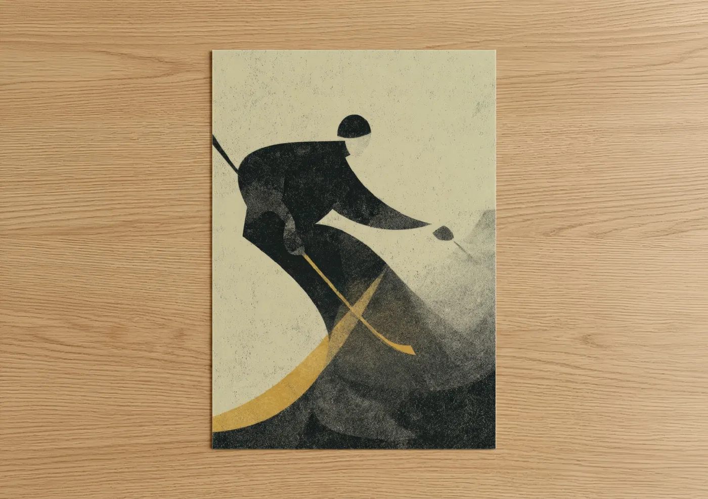 Ice hockey art print on warm oak wood — black and gold palette — Dynamic Hockey Player poster