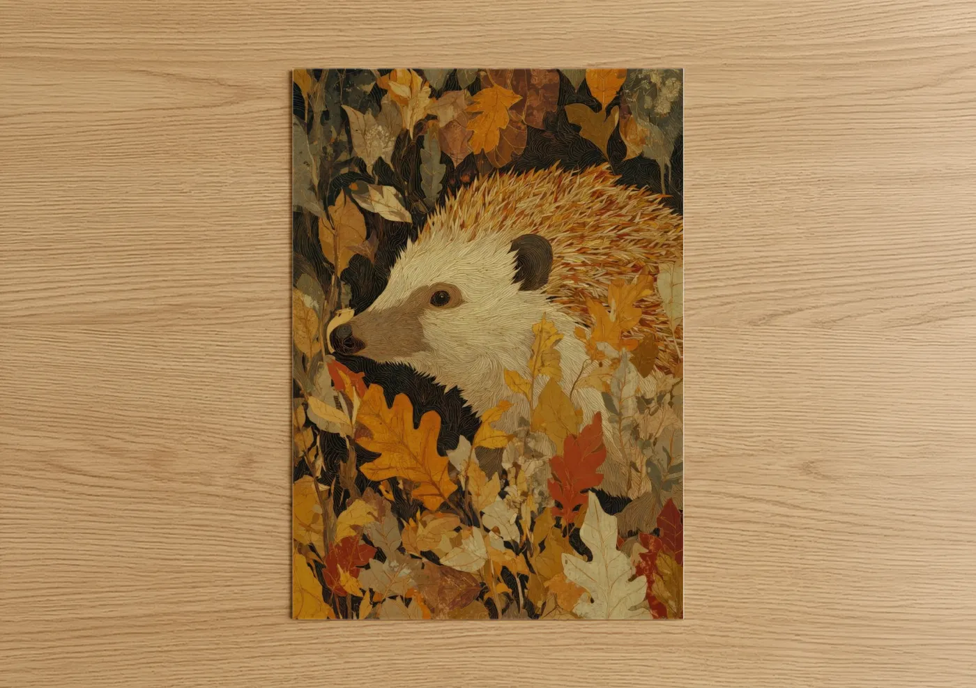 Art print on warm oak wood — gold and russet palette — Autumn Hedgehog poster