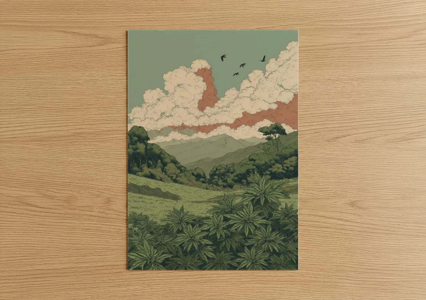 Art print on warm oak wood — sage green and cream palette — Misty Mountain Cannabis poster