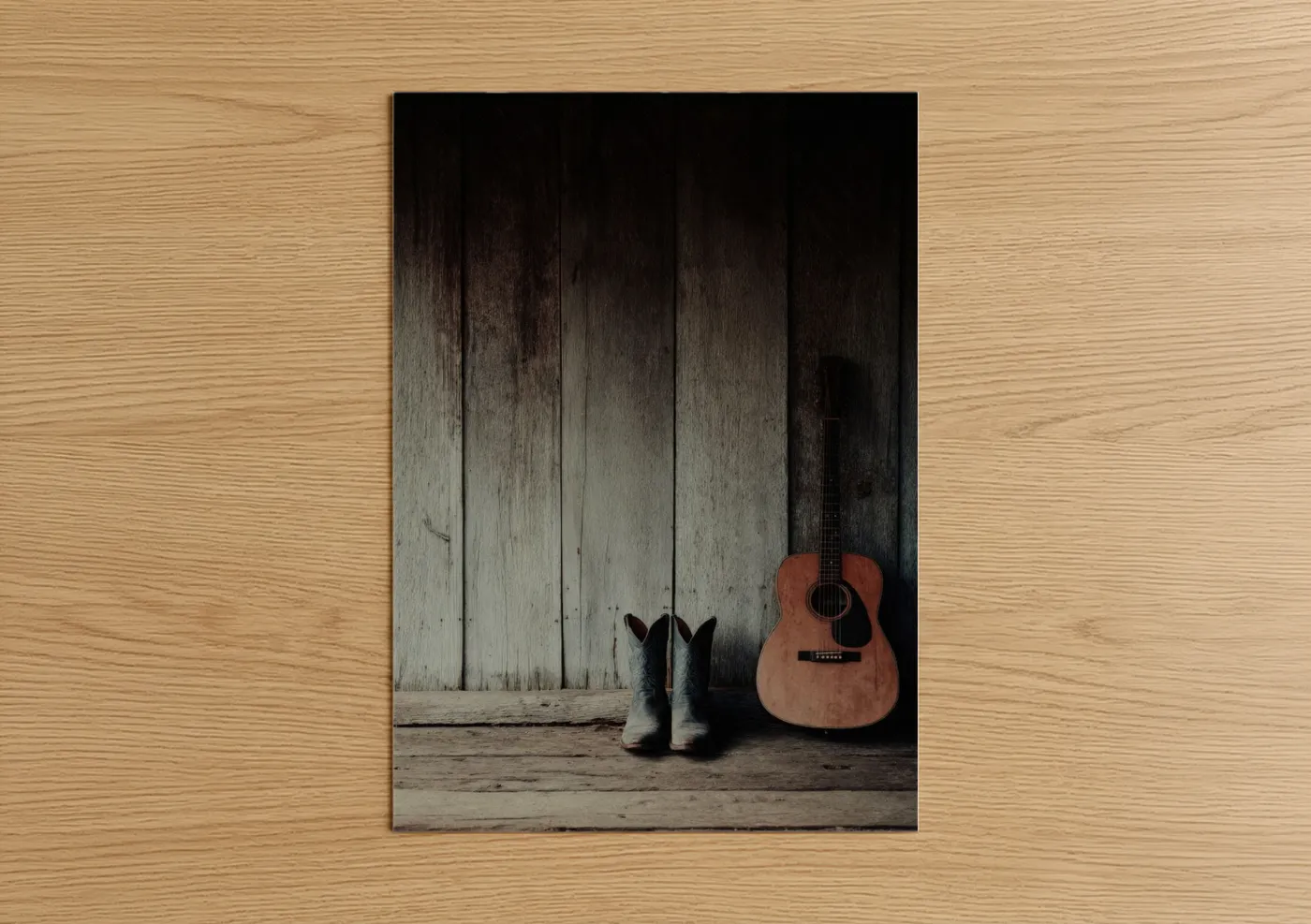 Art print on warm oak wood — espresso and russet palette — Rustic Country Guitar poster