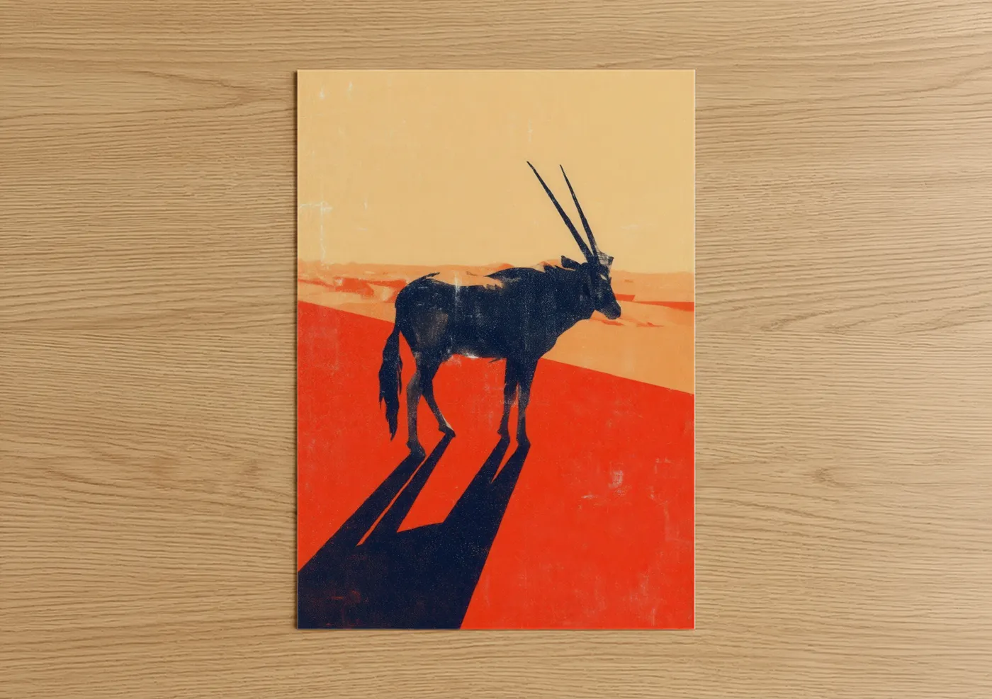 Art print on warm oak wood — red and gold palette — Desert Antelope poster