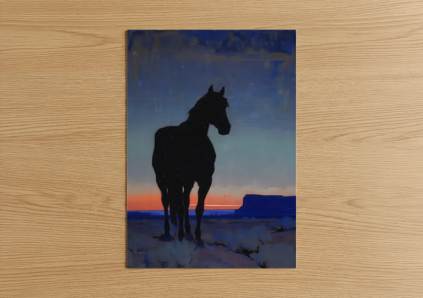 Art print on warm oak wood — dark blue and orange palette — Sunset Quarter Horse poster