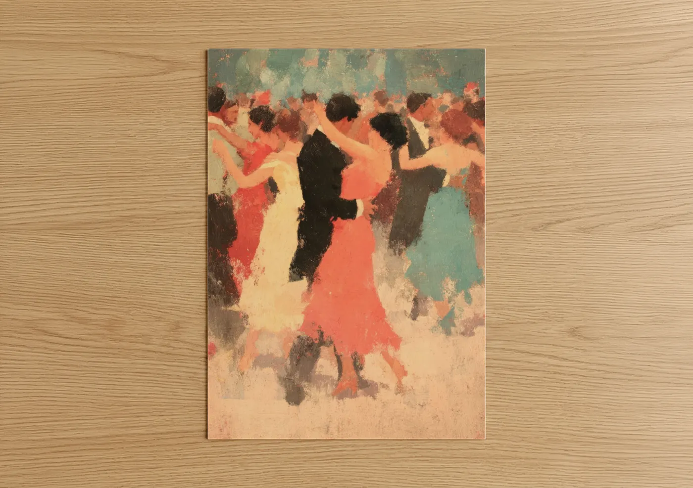 Art print on warm oak wood — salmon pink and sage green palette — Vibrant Swing Dance poster