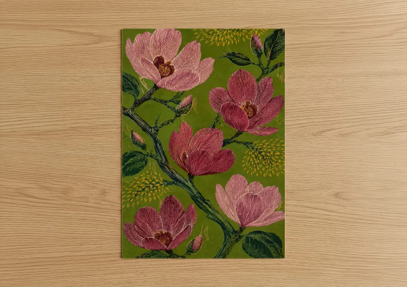 Art print on warm oak wood — olive and salmon pink palette — Vintage Magnolia Blossom Botanical Wall Art poster