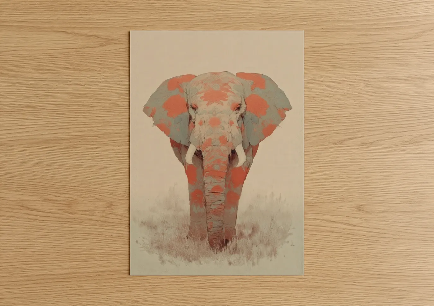 Art print on warm oak wood — russet and cream palette — Coral Savanna Elephant poster