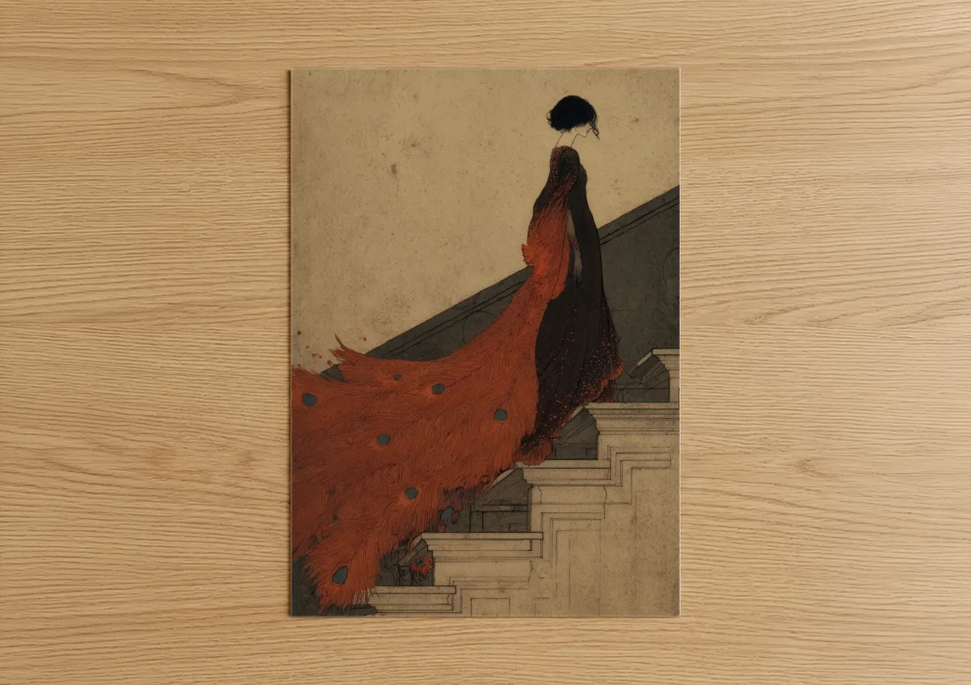 Art print on warm oak wood — red and black palette — Scarlet Phoenix Ascent poster