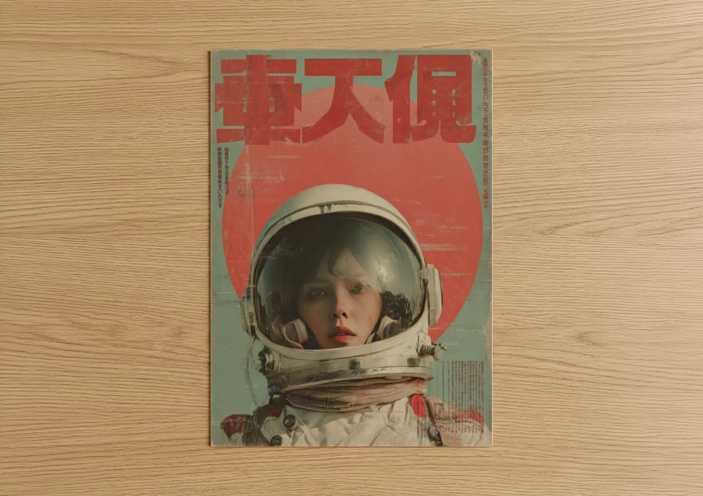 Japanese retrofuturism art print on warm oak wood — red and sage green palette — Cosmic Astronaut poster