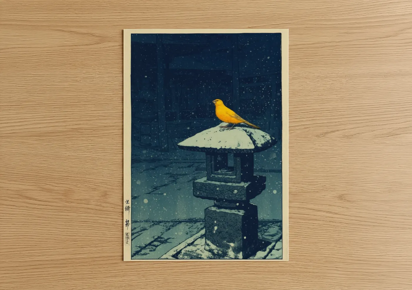 Canaries art print on warm oak wood — dark blue and gold palette — Golden Canary Winter poster