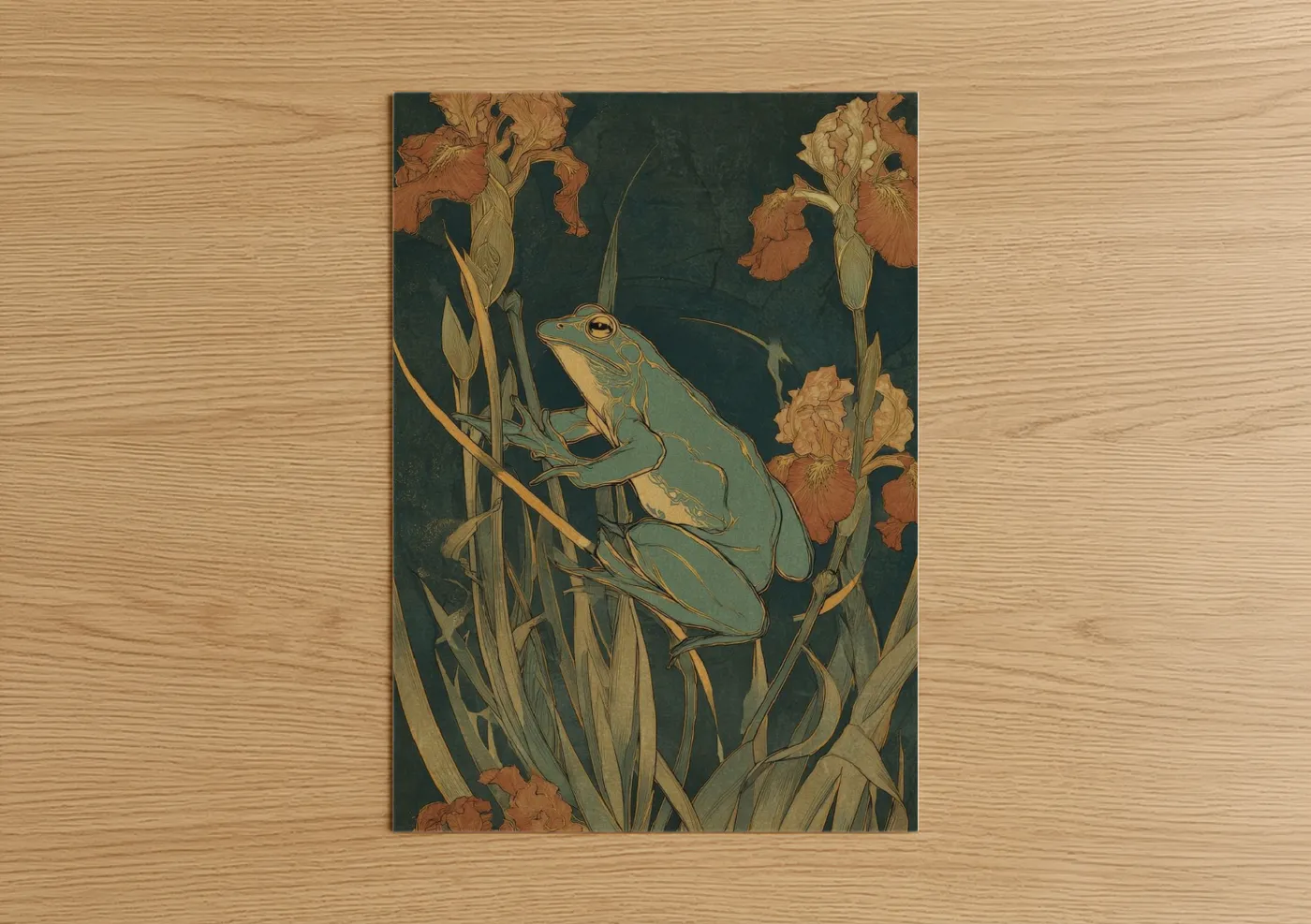 Frogs and toads art print on warm oak wood — dark green and gold palette — Iris Frog poster