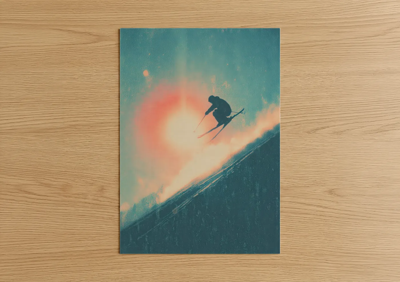 Skiing art print on warm oak wood — teal and peach palette — Alpine Descent poster