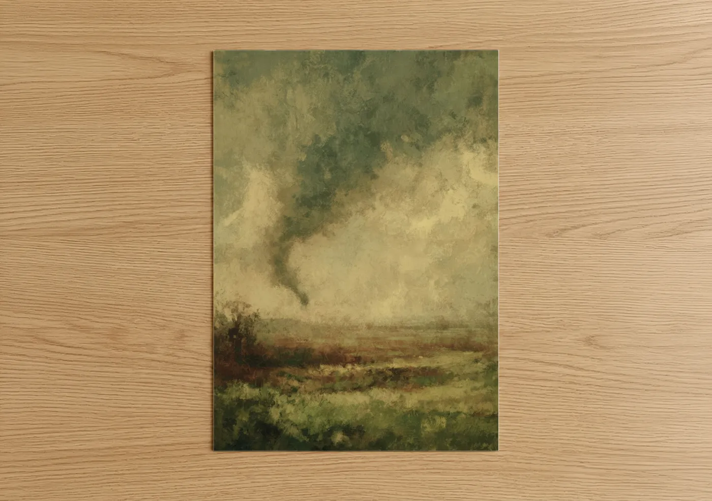 Art print on warm oak wood — sage green and cream palette — Stormy Tornado poster