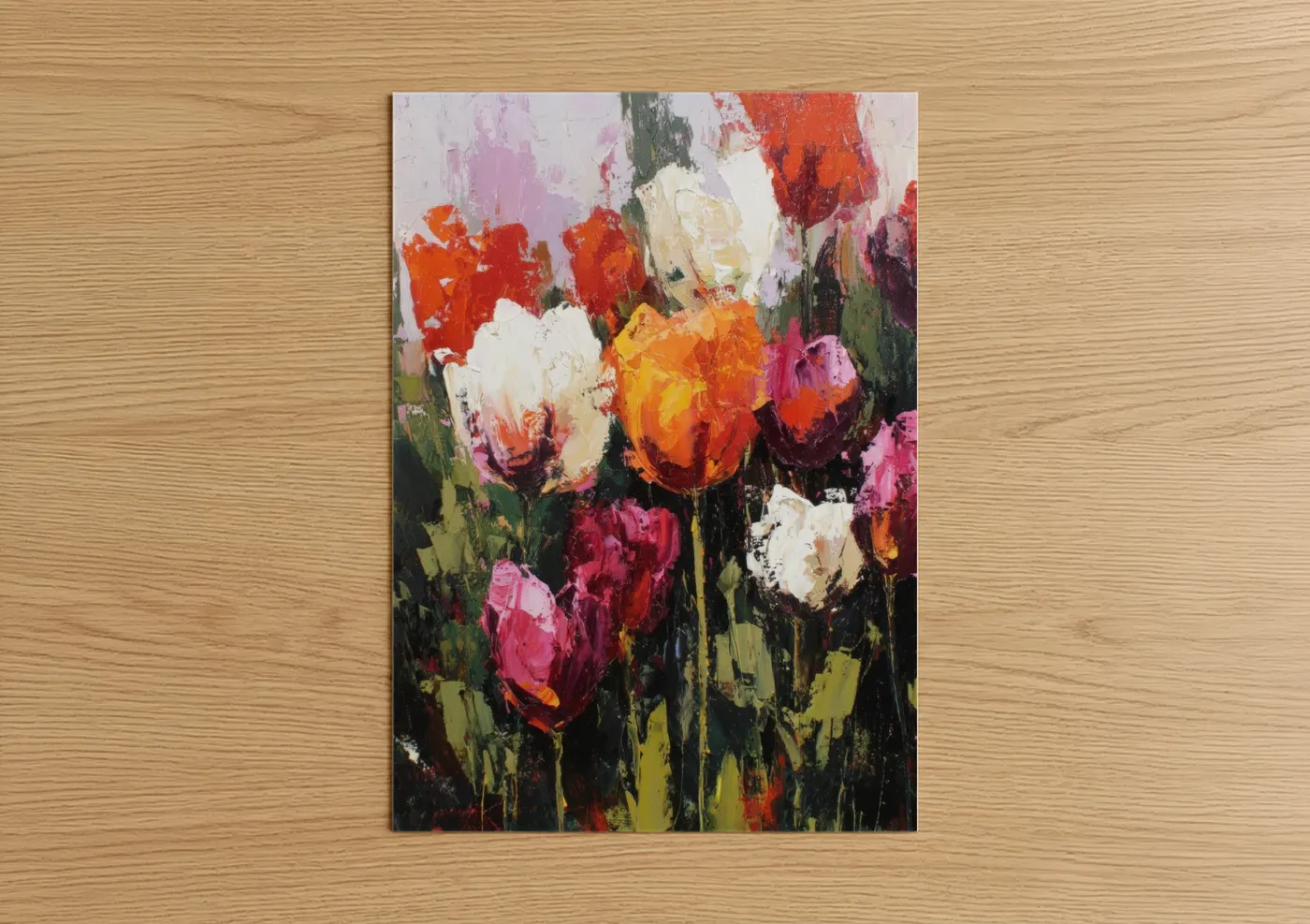 Art print on warm oak wood — red and gold palette — Vibrant Tulip Garden poster