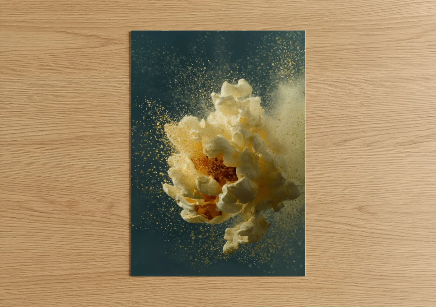 Art print on warm oak wood — gold and white and dark blue palette — Golden Popcorn Burst poster