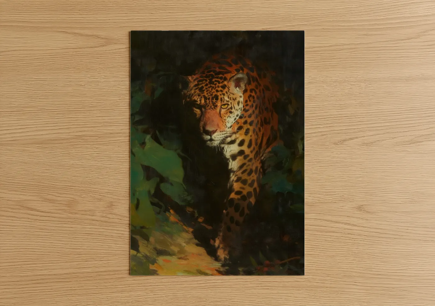 Golden Jaguar in Dark Forest Watercolor Wall Art