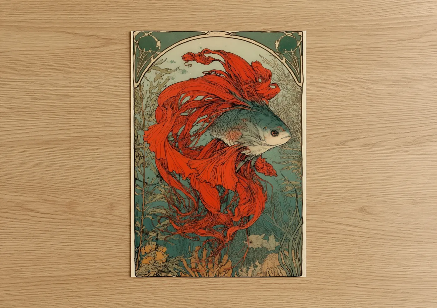 Crimson Dragon Fish Art Deco Illustration Wall Art