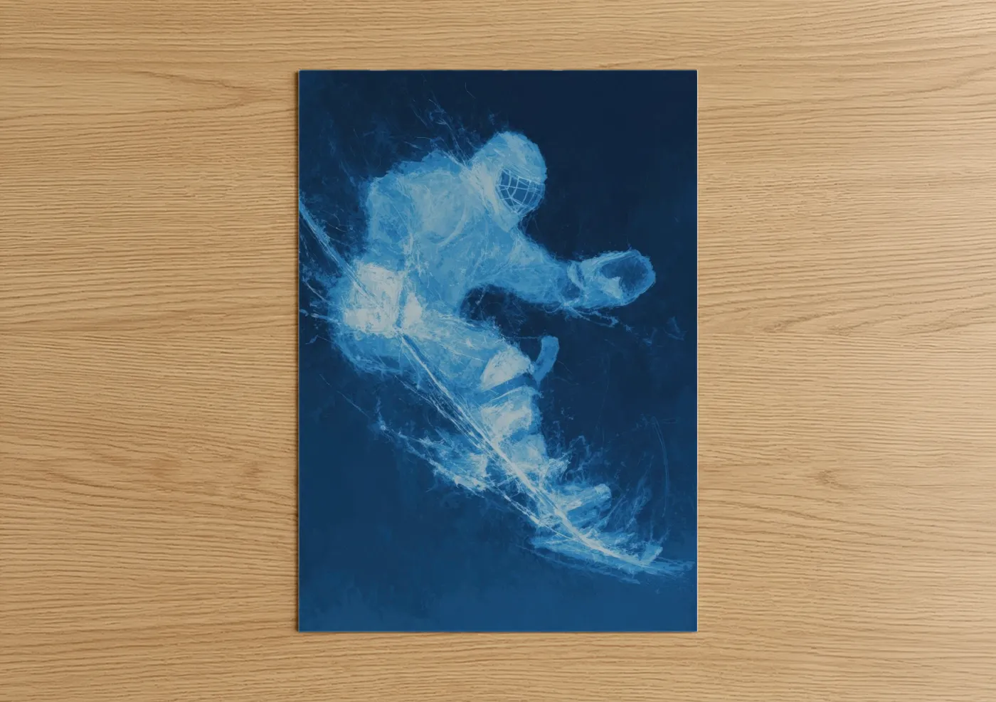 Ice hockey art print on warm oak wood — blue and white palette — Ethereal Hockey Motion poster