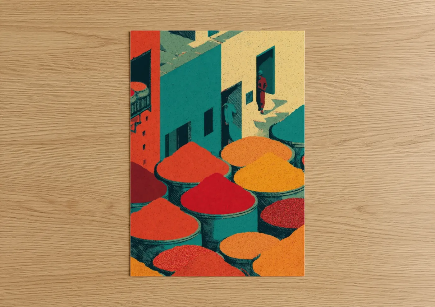 Herbs and spices art print on warm oak wood — orange and teal palette — Spice Market poster