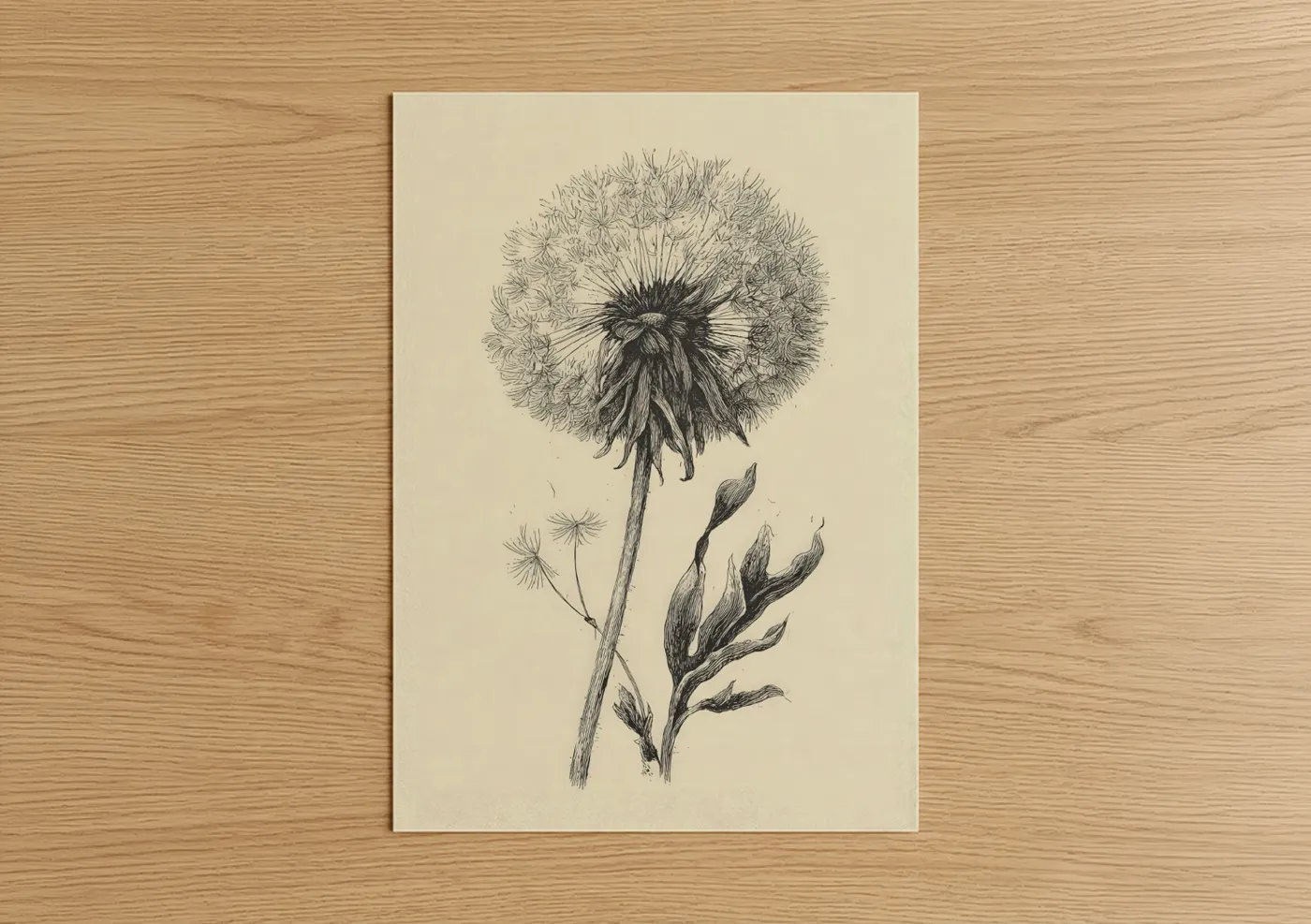 Art print on warm oak wood — black and cream palette — Botanical Dandelion poster