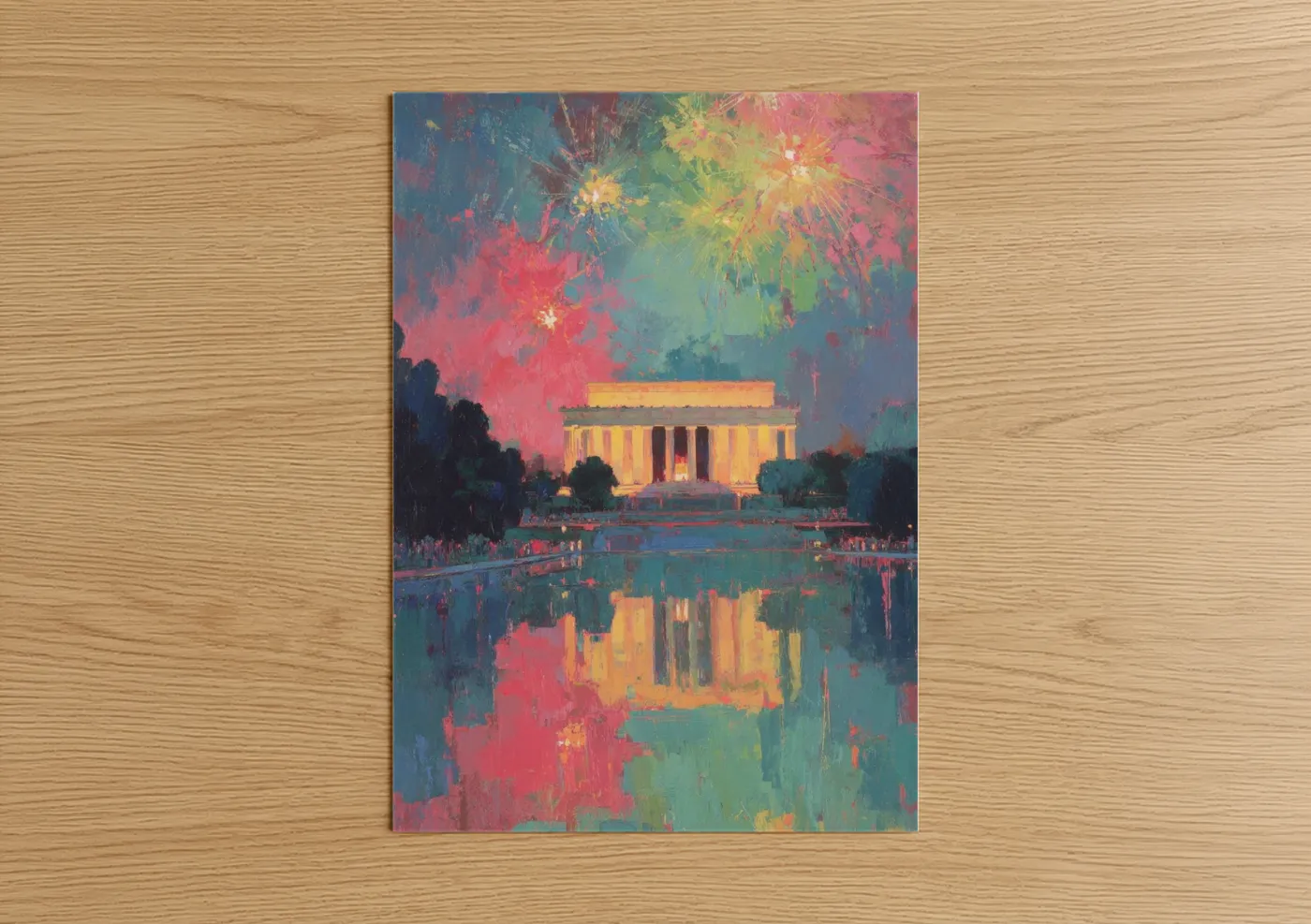 Lincoln memorial art print on warm oak wood — magenta and gold and teal palette — Fireworks Memorial poster