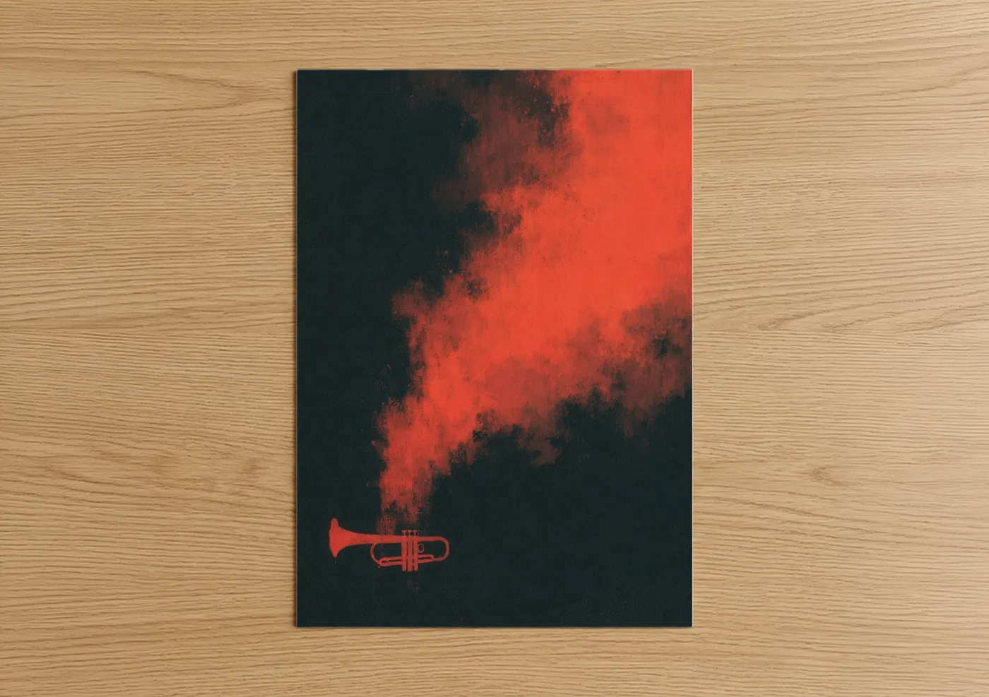 Art print on warm oak wood — red and black palette — Crimson Trumpet Jazz poster
