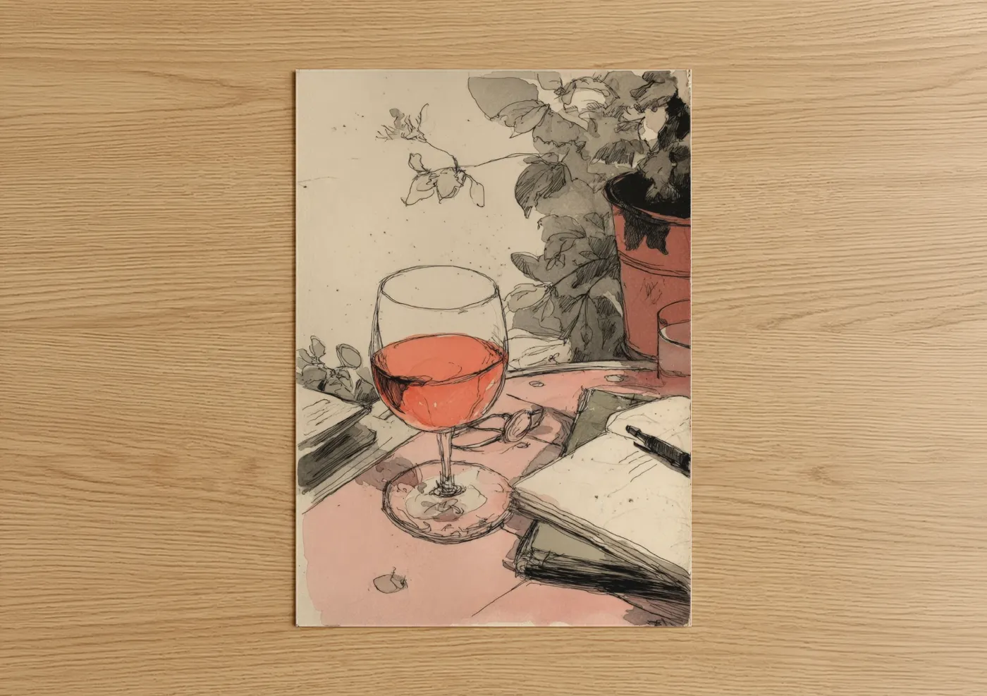 Rosé Wine Still Life Watercolor Sketch Wall Art
