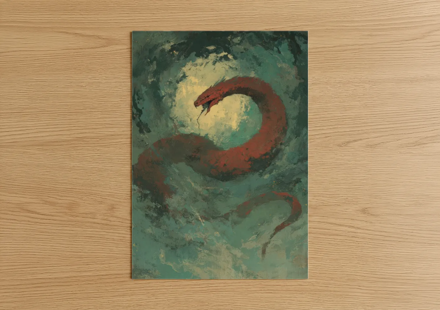 Art print on warm oak wood — teal and red palette — Crimson Basilisk poster