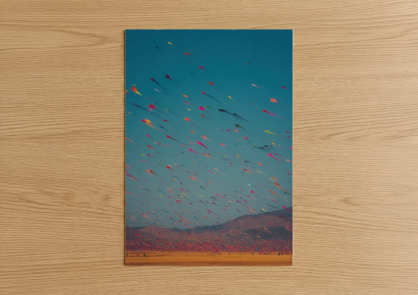 Hindu holidays art print on warm oak wood — teal and orange palette — Kite Festival Sky poster