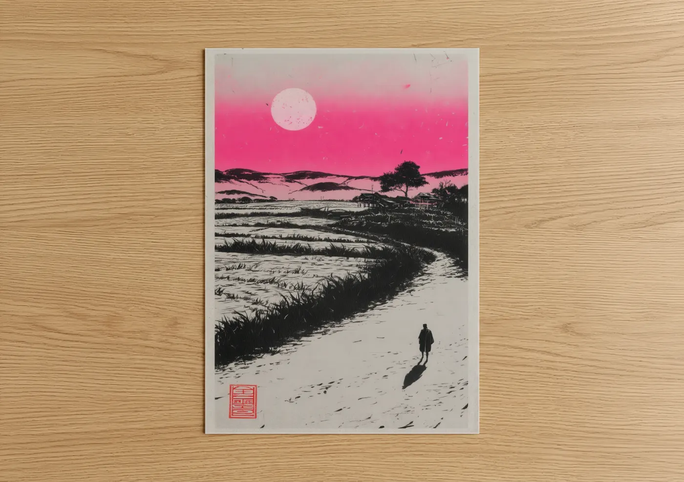 Pink Moon Rural Landscape Silhouette Wall Art