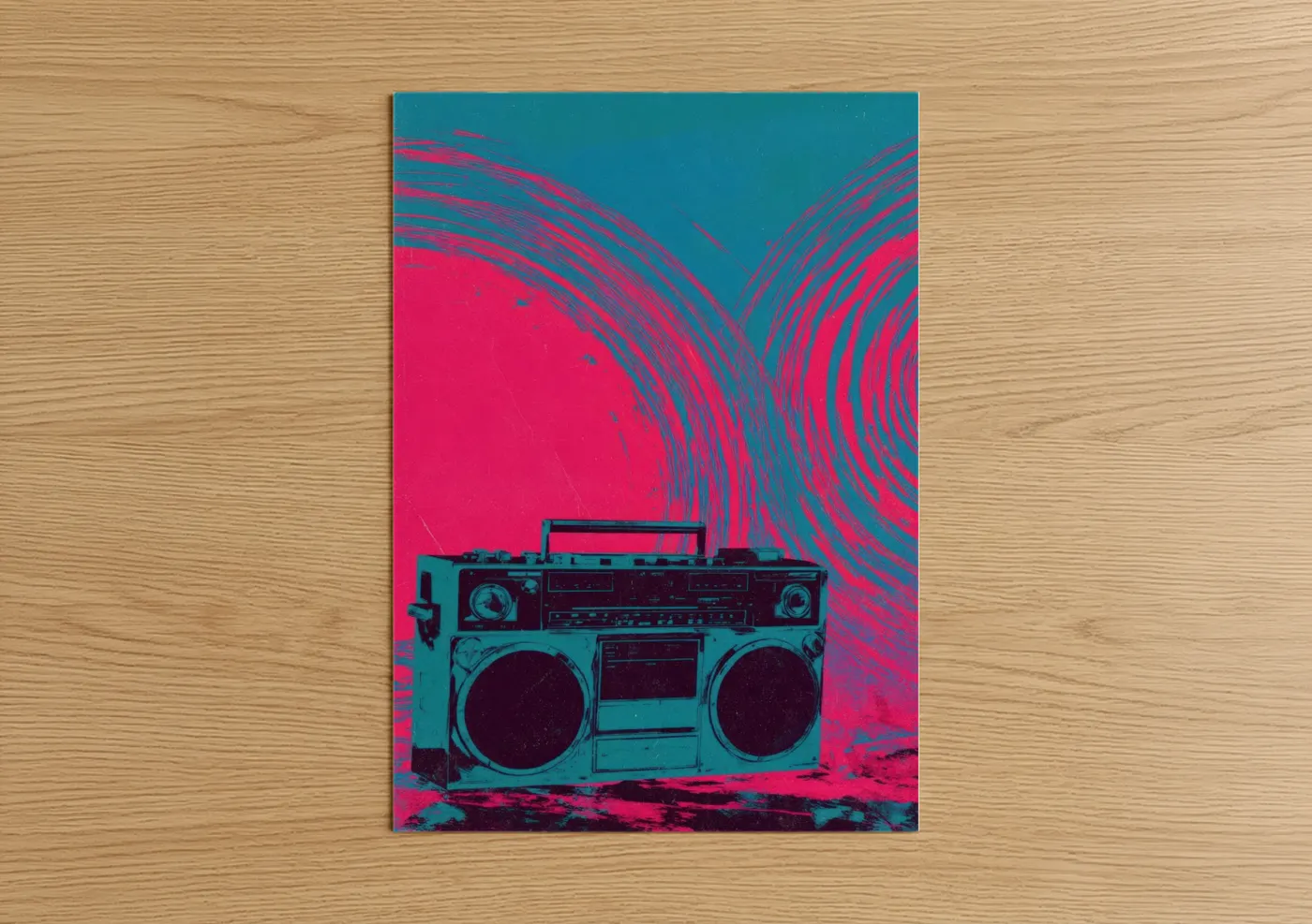 Art print on warm oak wood — magenta and teal palette — Neon Boombox poster