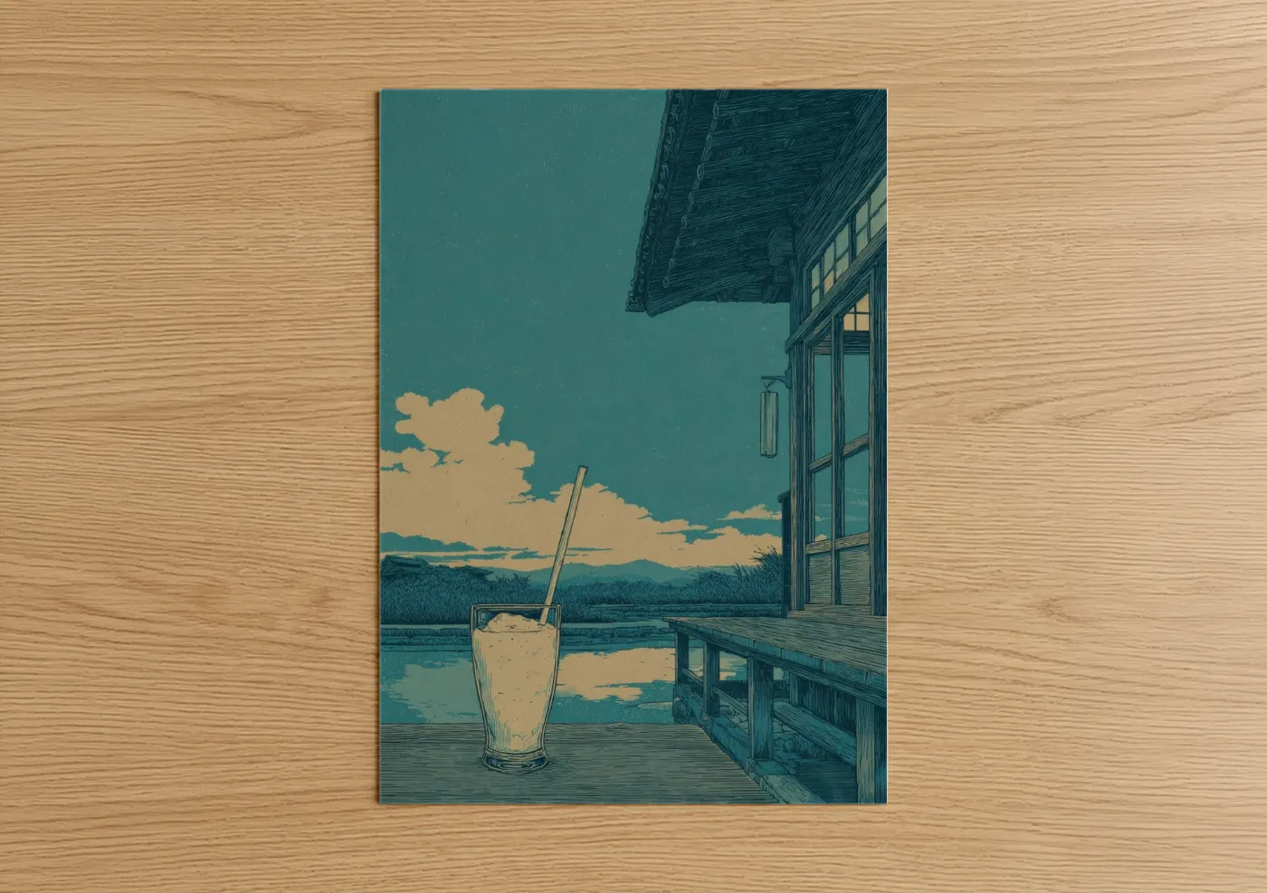 Art print on warm oak wood — teal and cream palette — Lakeside Milkshake poster