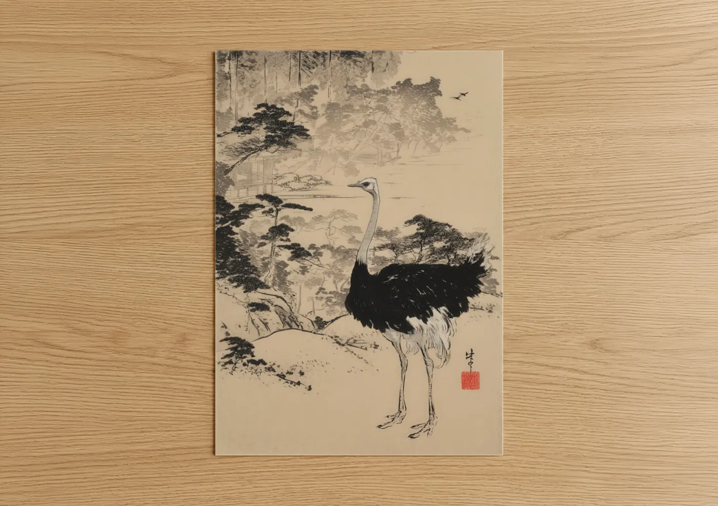 Art print on warm oak wood — black and white and beige palette — Contemplative Ostrich poster