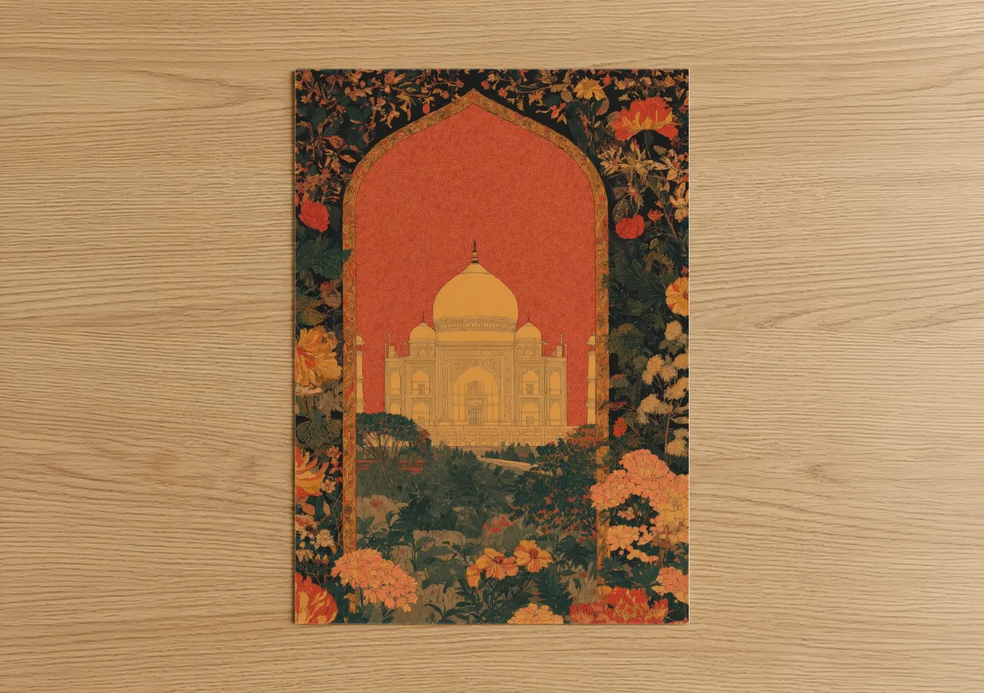 Art print on warm oak wood — gold and orange palette — Taj Mahal Garden poster