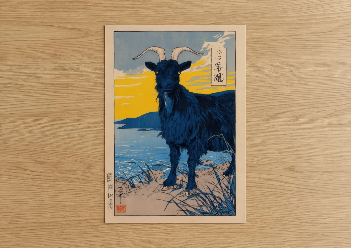 Blue Goat Sunset Watercolor Wall Art
