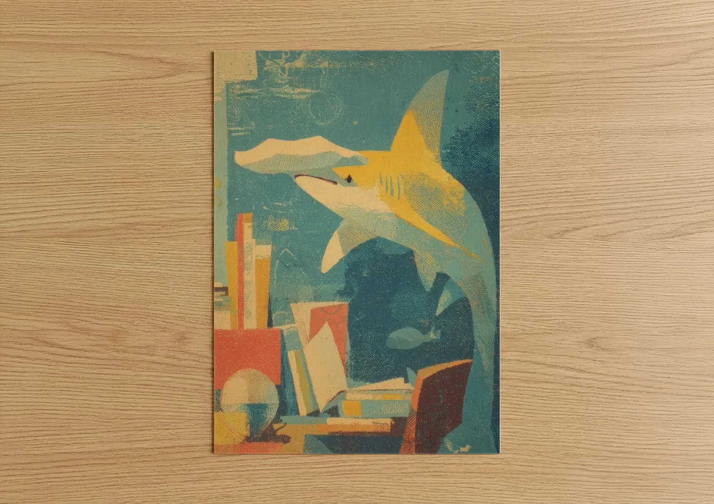 Hammerhead shark art print on warm oak wood — gold and teal palette — Golden Hammerhead poster