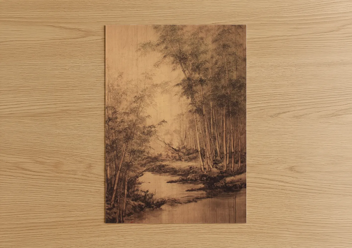 Bamboo jungle art print on warm oak wood — beige and brown palette — Misty Bamboo Stream poster
