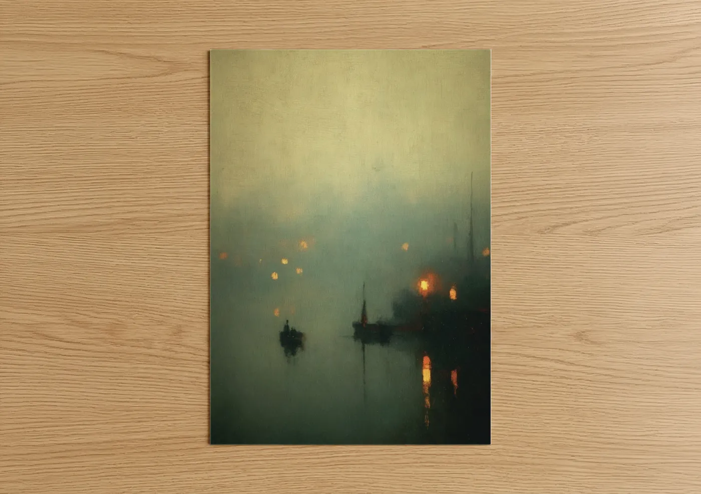 Night sky art print on warm oak wood — cream and teal palette — Misty Harbor Lights poster