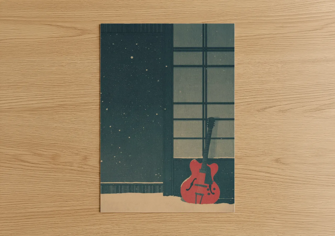 Electric guitar art print on warm oak wood — teal and red palette — Nighttime Guitar poster