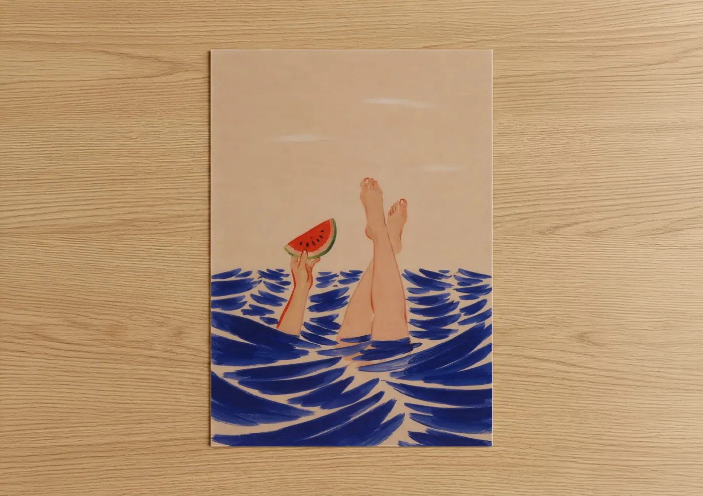 Fruit art print on warm oak wood — blue and peach palette — Summer Watermelon Pool Relaxation Wall Art poster