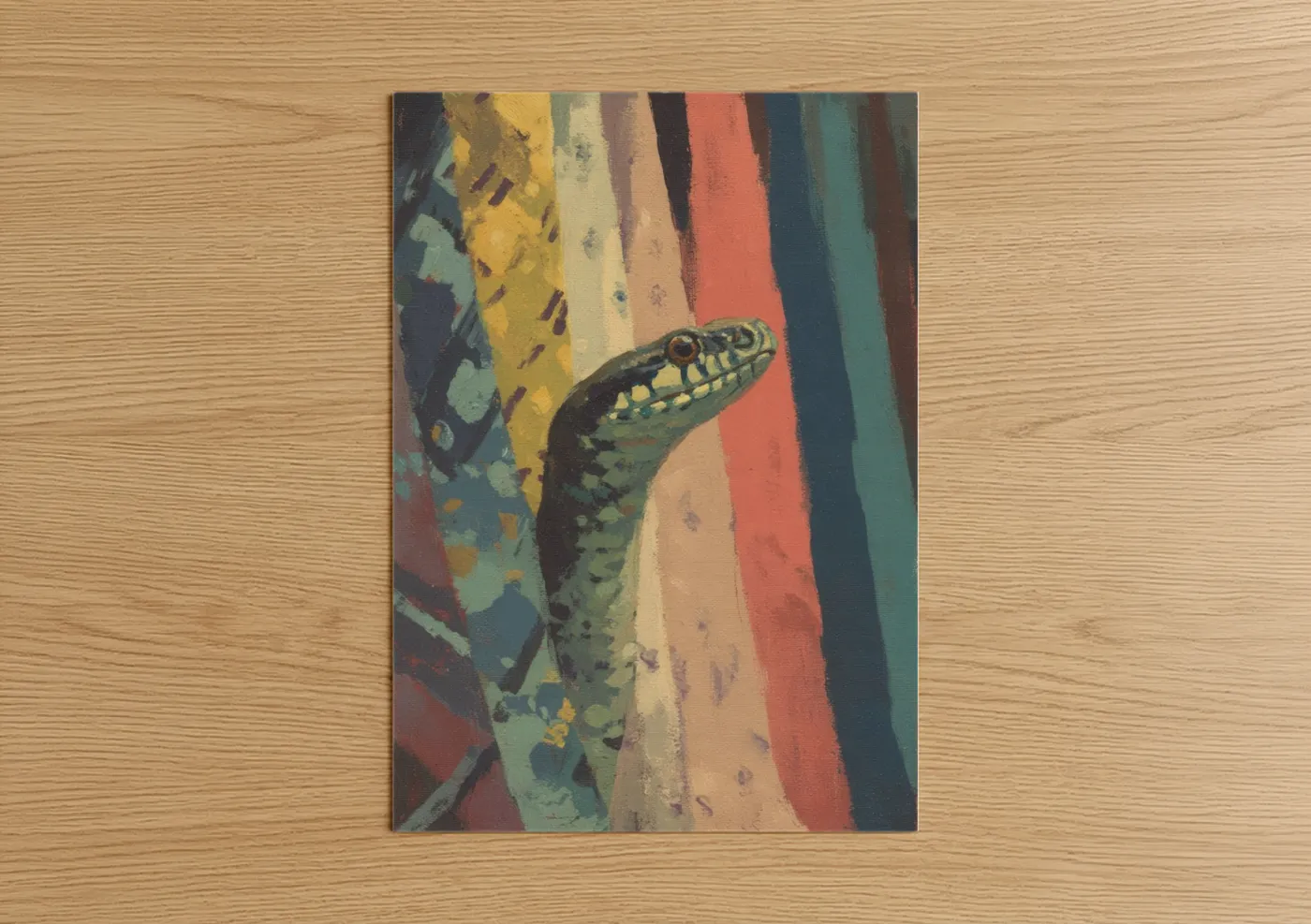 Art print on warm oak wood — mustard and teal palette — Striped Python Portrait poster