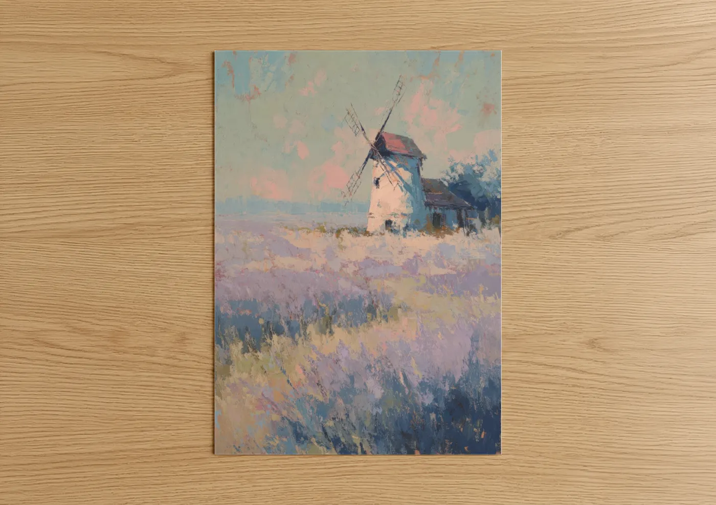 Windmills art print on warm oak wood — lavender and cream palette — Lavender Windmill poster