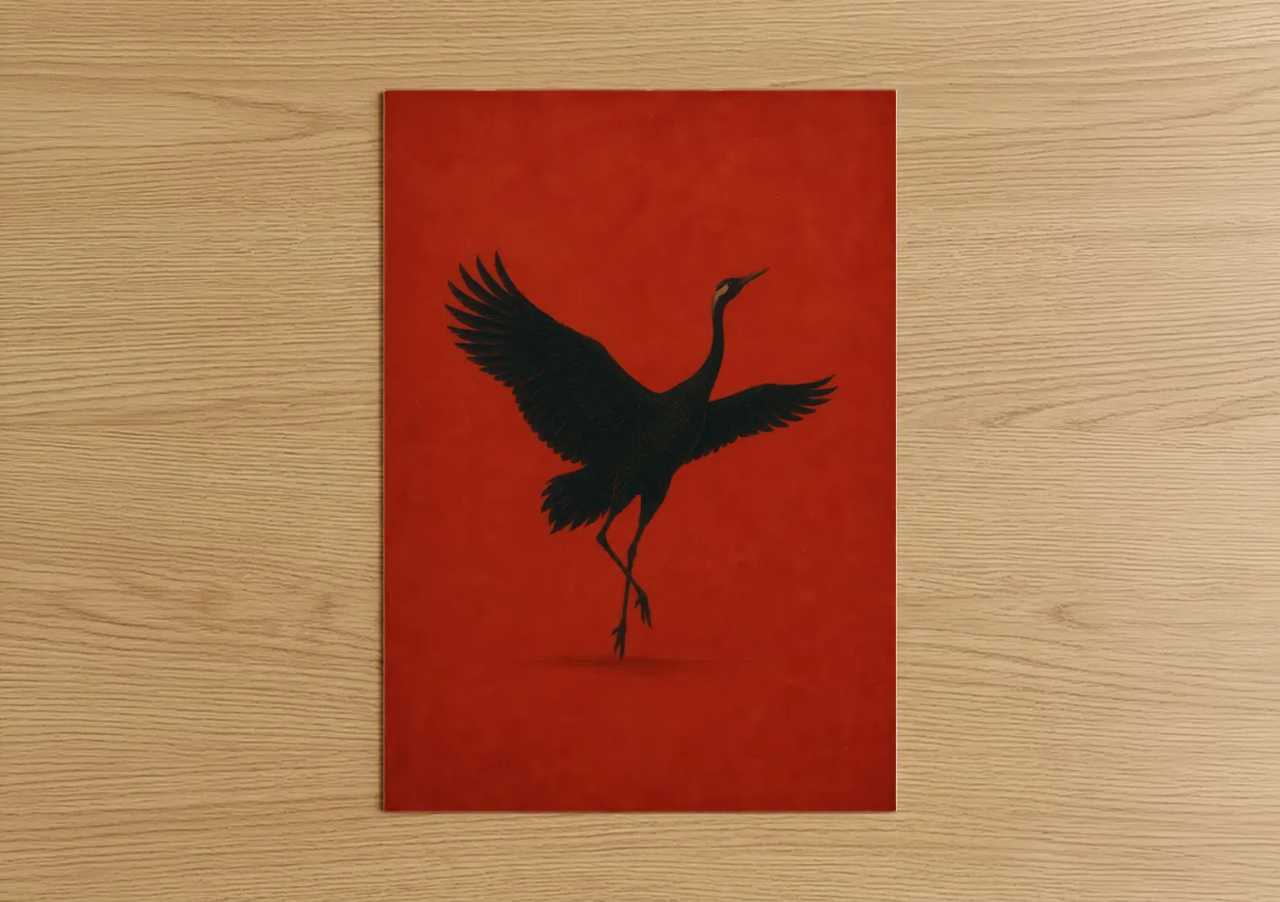 Art print on warm oak wood — red and black palette — Japanese Crane Silhouette Wall Art poster